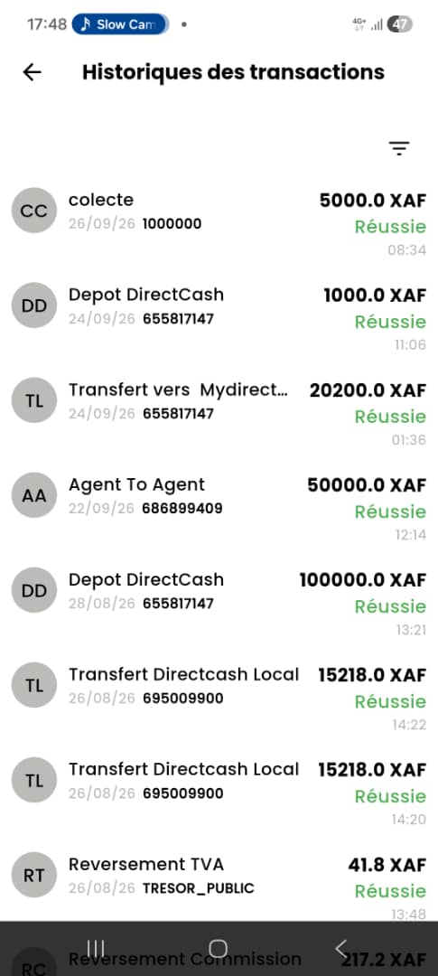 DirectCash Mobile - historique des transactions