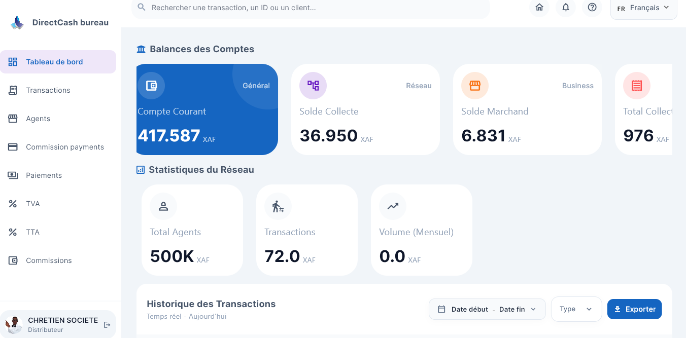 DirectCash Desktop - tableau de bord